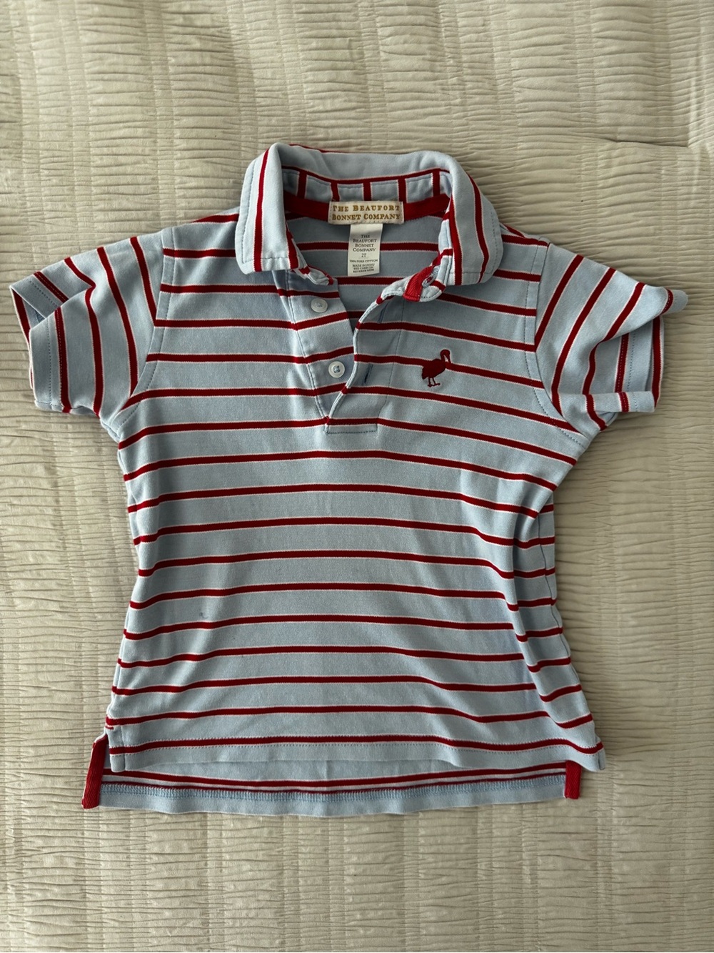 The Beaufort Bonnet Company Boys Light Blue & Red Striped Polo Shirt | Size 2T